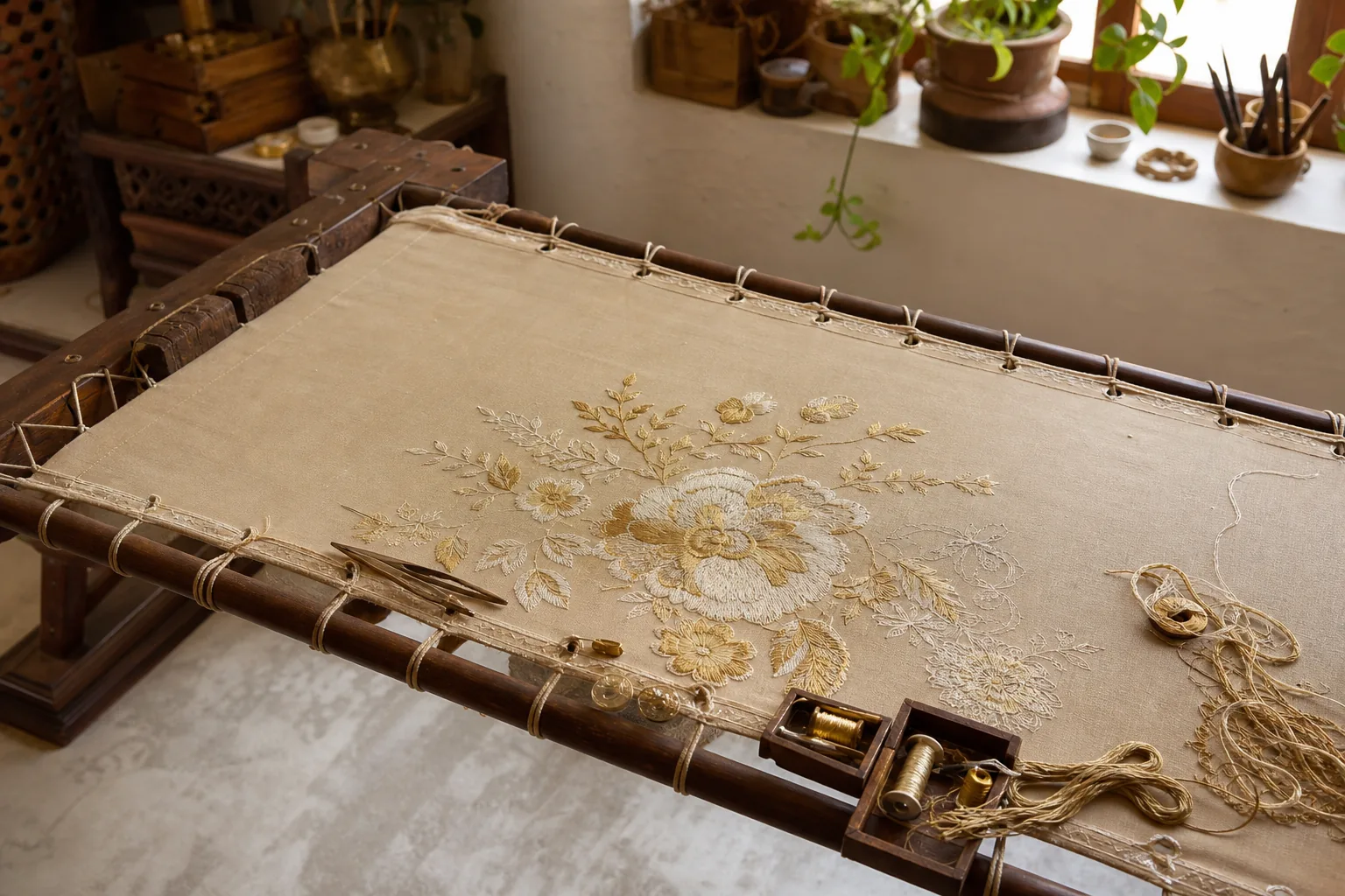 Traditional wooden adda frame with a gold floral motif half finished