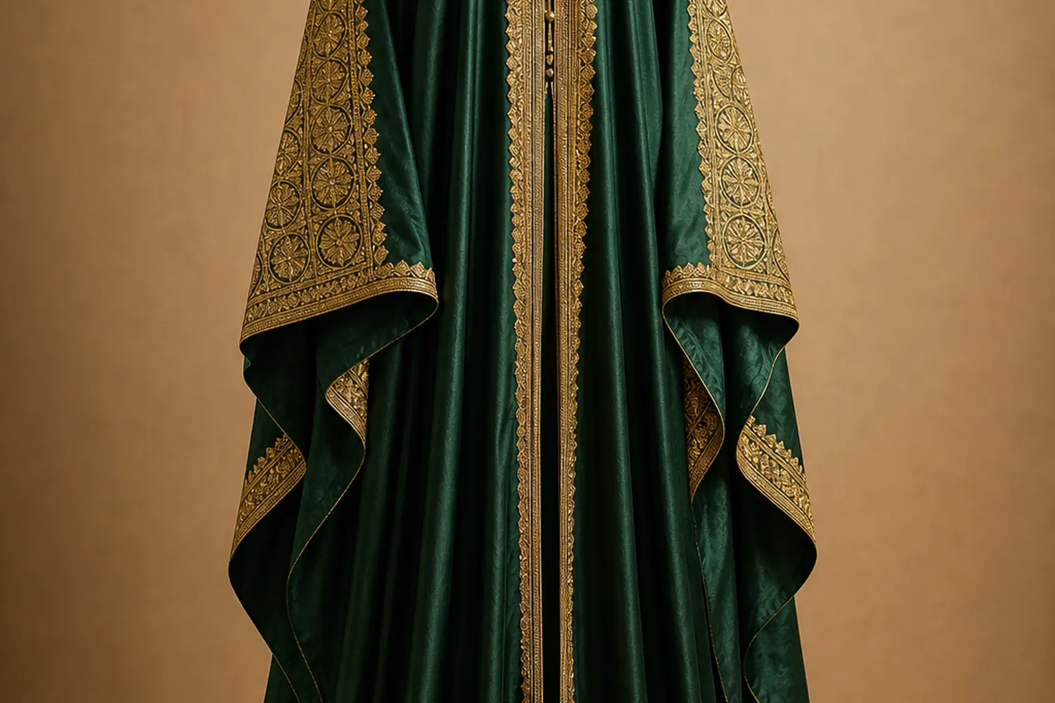 Traditional kaftan with gold embroidery panels on the sleeves and hem