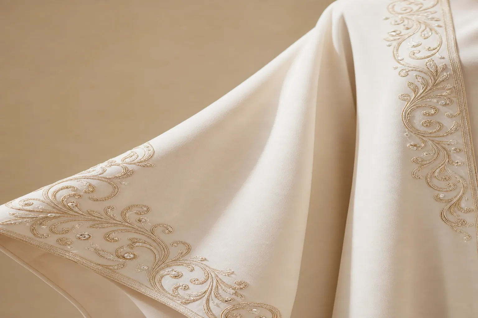 Modern Arabic arabesque embroidery on ivory silk crepe