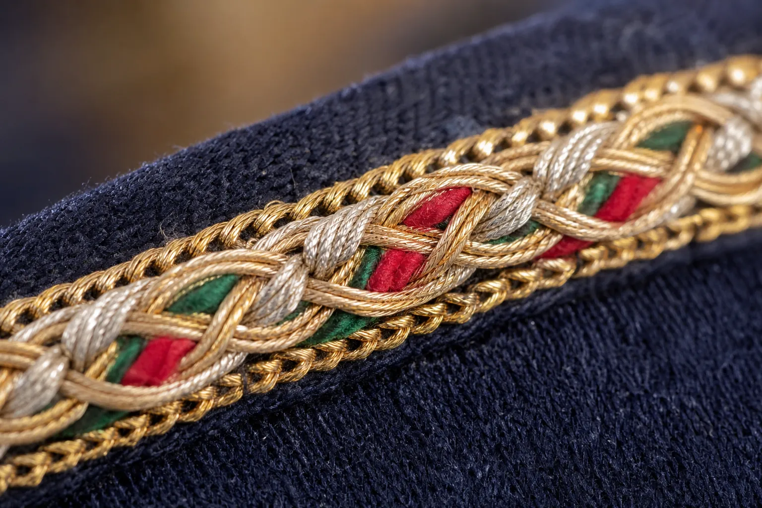 Traditional Gulf talli braid trim in gold and silver cord on indigo fabric