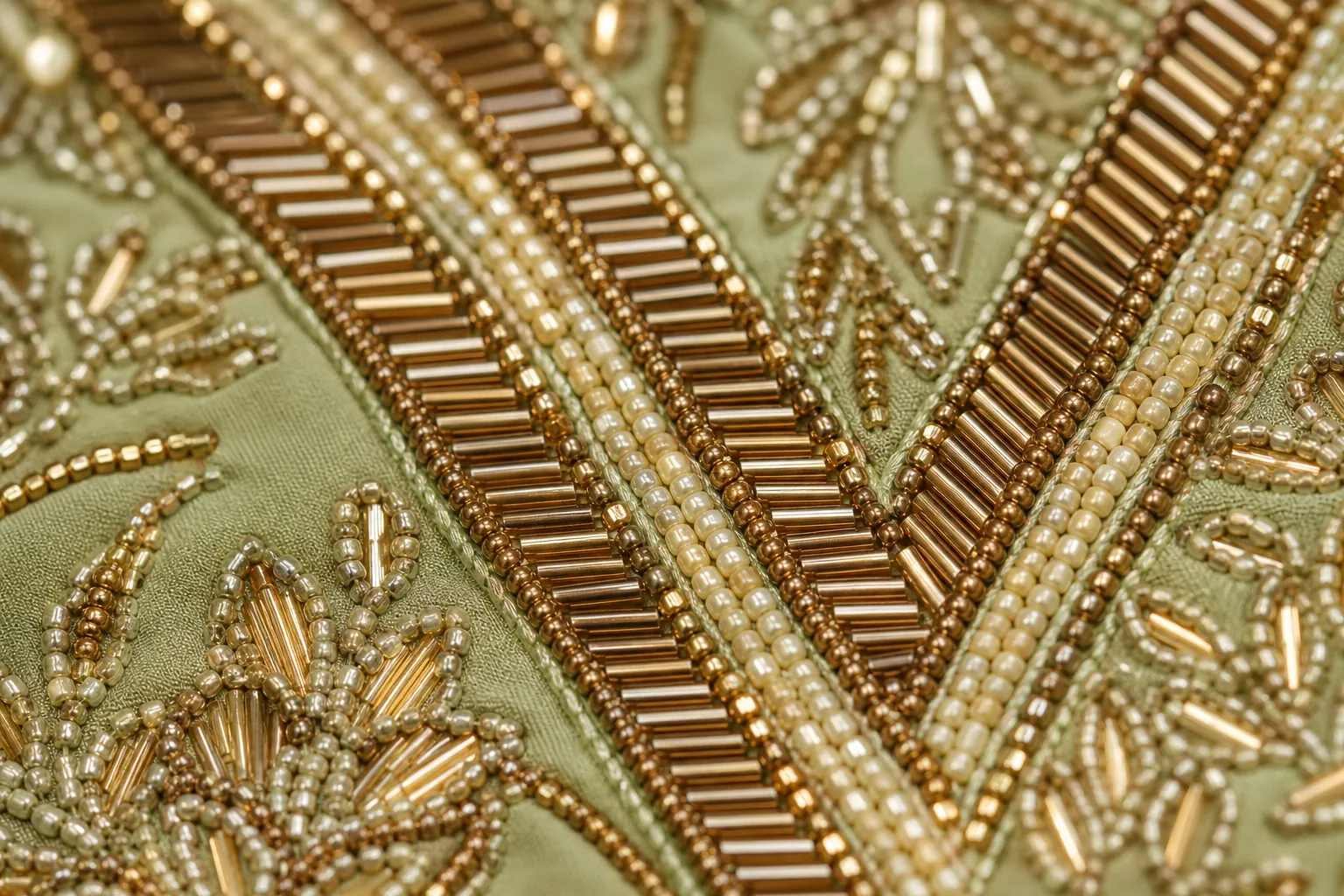 Glass seed and bugle bead embroidery on sage green silk