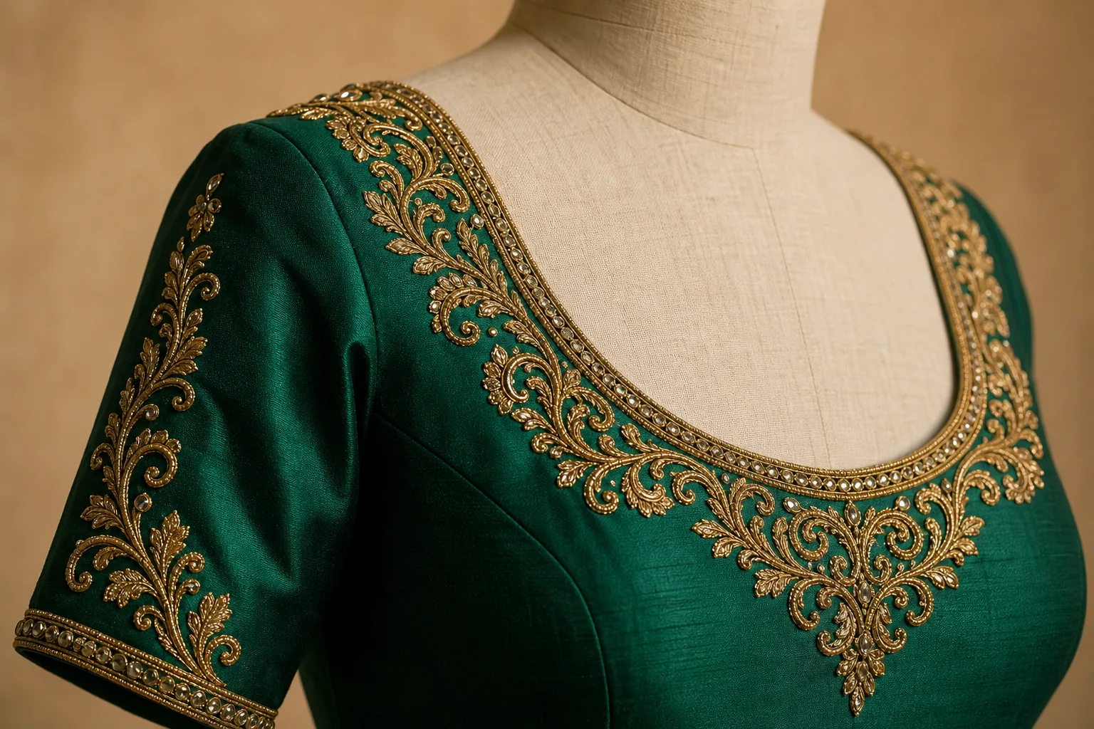 Embroidered saree blouse neckline in gold zari on emerald silk
