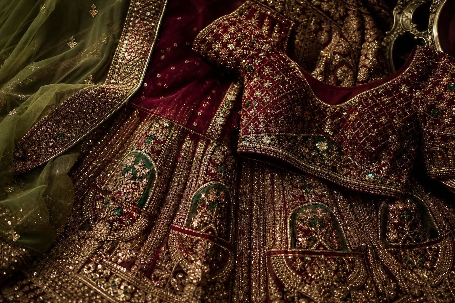 Bridal embroidery in antique gold thread