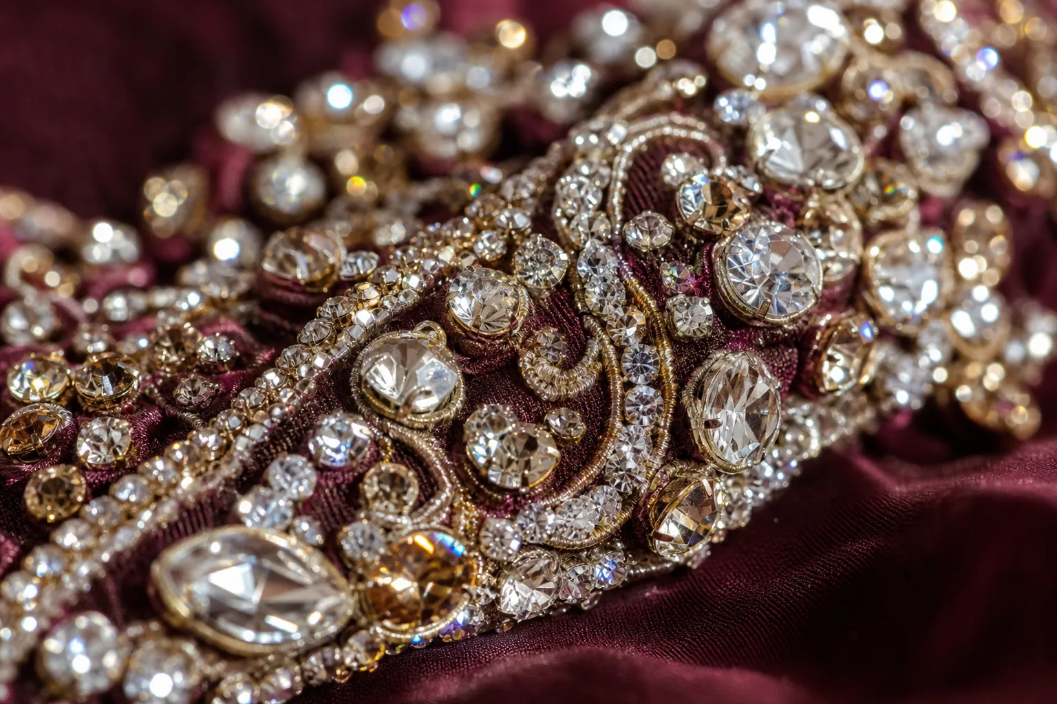 Dense faceted crystal embroidery on deep wine silk