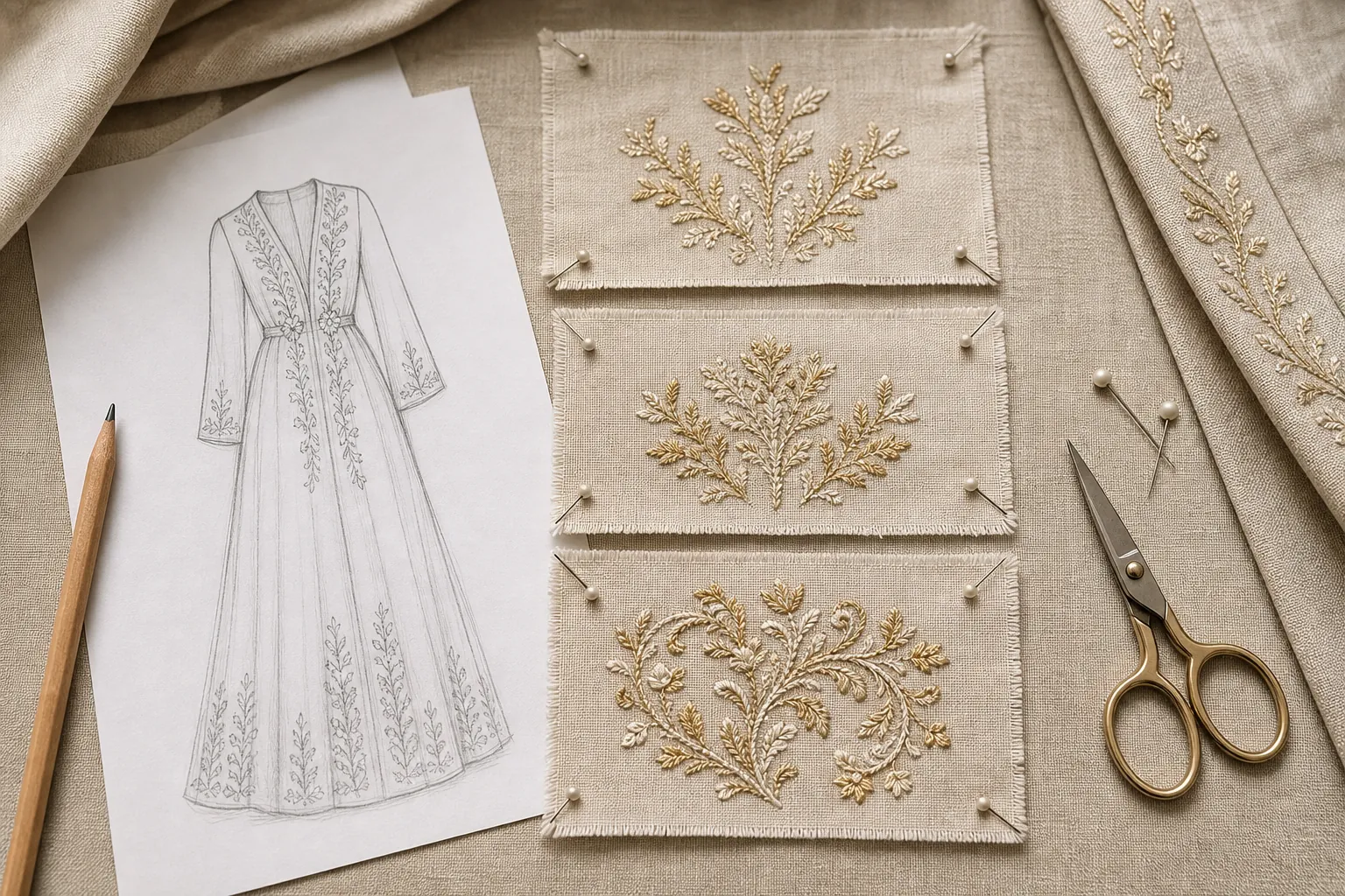Designer sketch beside embroidery trial swatches