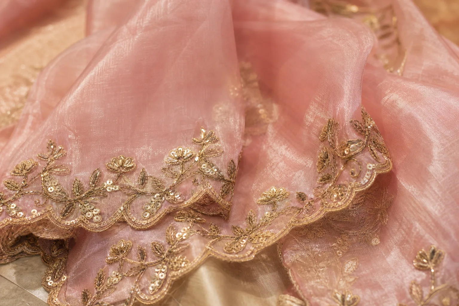 Finished dupatta border in antique gold zari on blush tissue silk