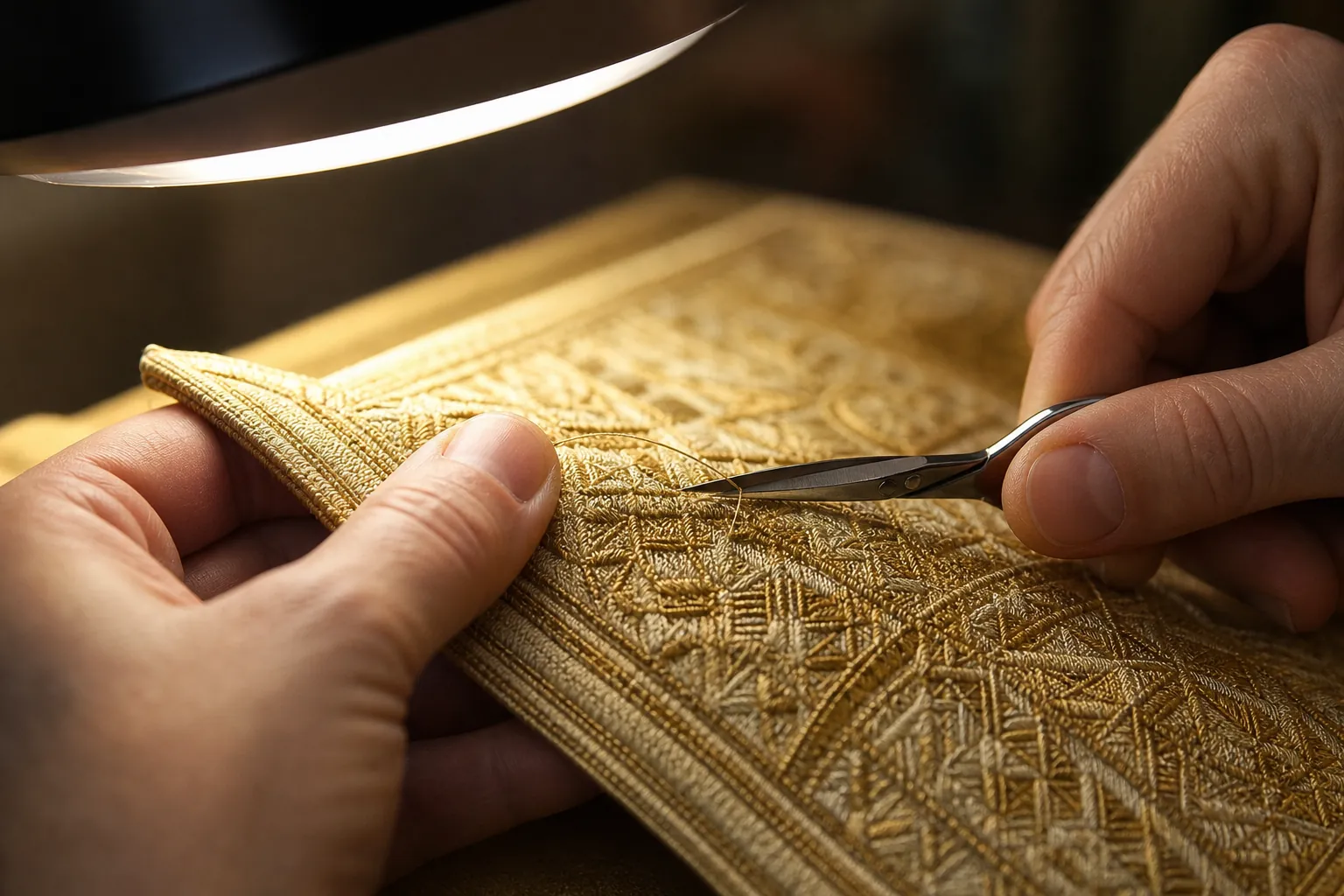Final quality inspection and thread trimming on finished gold embroidery
