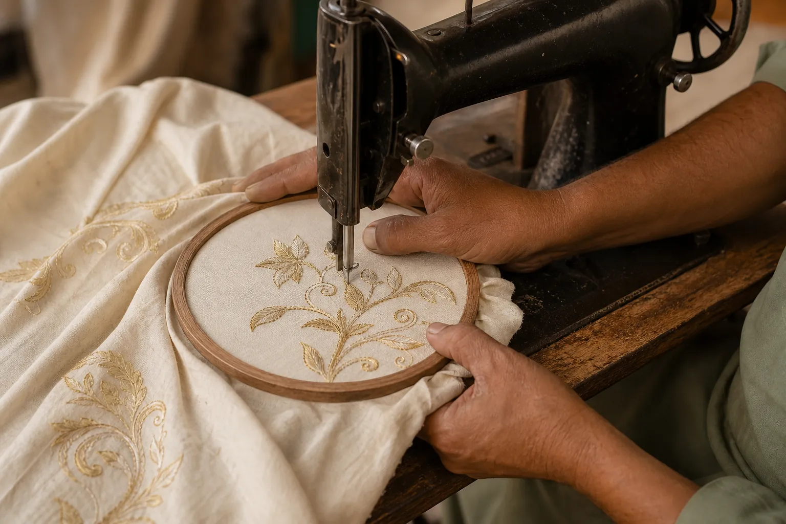 Hand-guided machine embroidery on a manual sewing machine