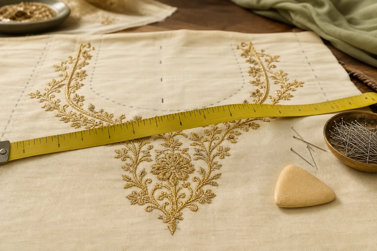 Measuring tape marking embroidery placement on fabric
