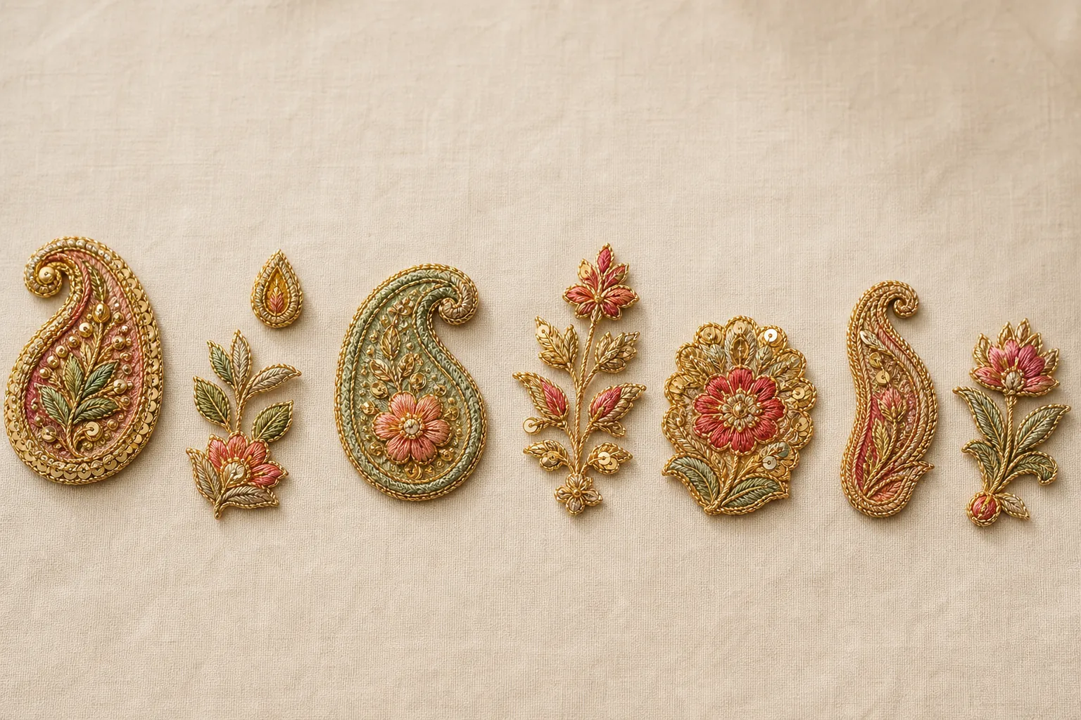 Individual detached embroidered floral and paisley motifs
