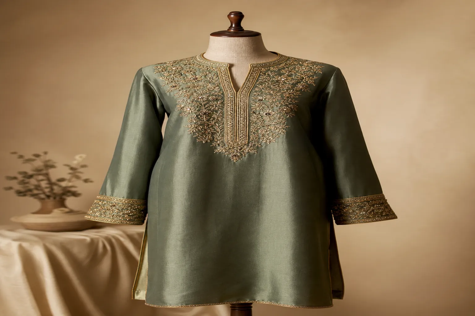 Embroidered occasionwear kurta displayed on a dress form