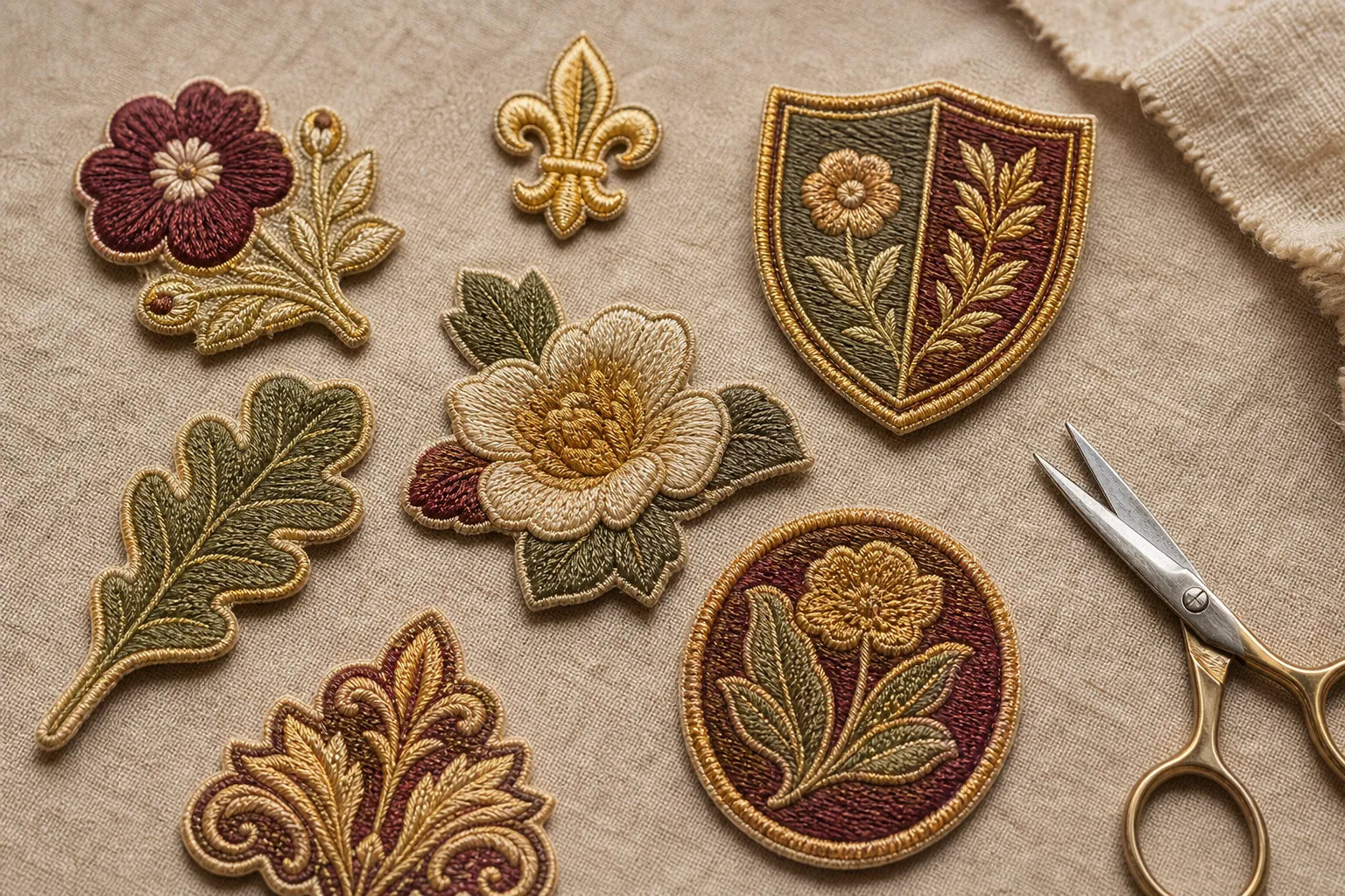 Embroidered appliqué patches with neat satin stitch edges