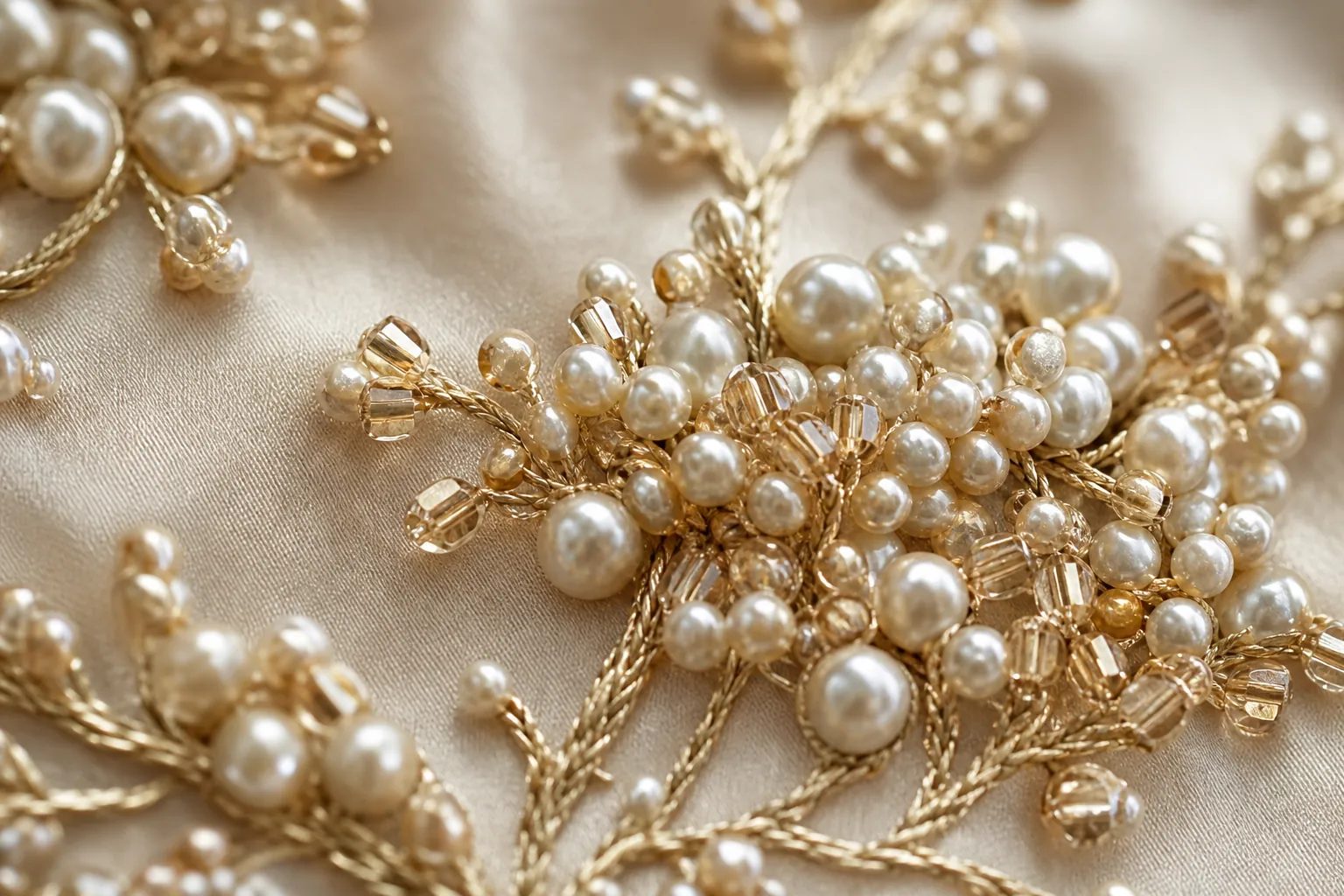 Pearl and cutdana bead embroidery in champagne and cream on ivory silk