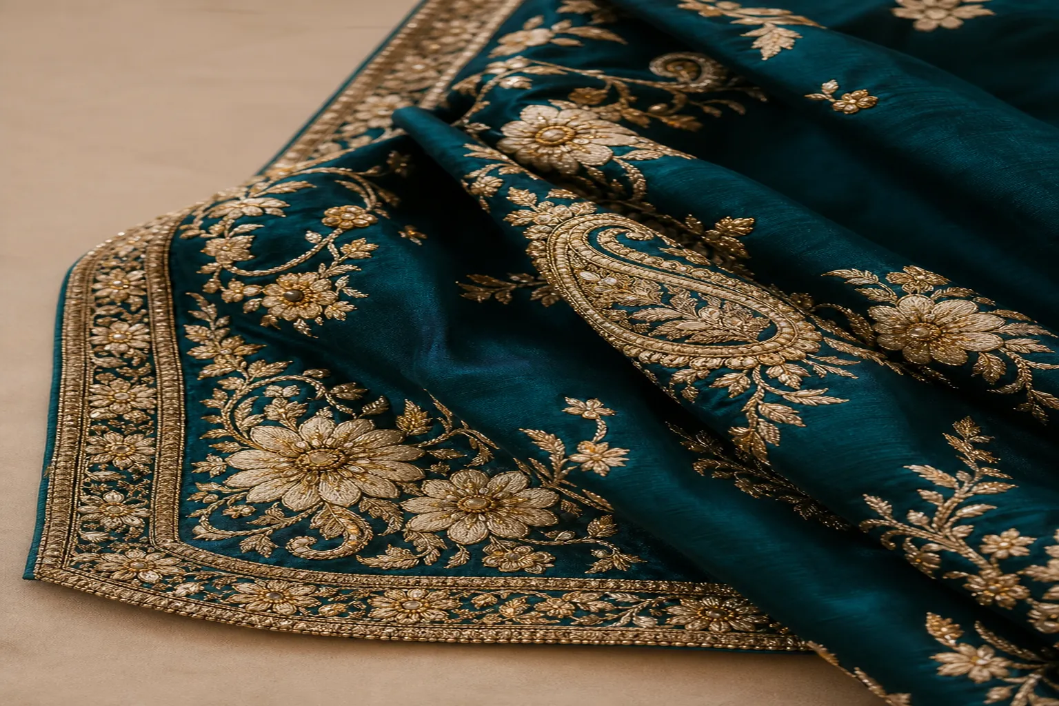 Embroidered saree pallu in antique gold zari on deep teal silk