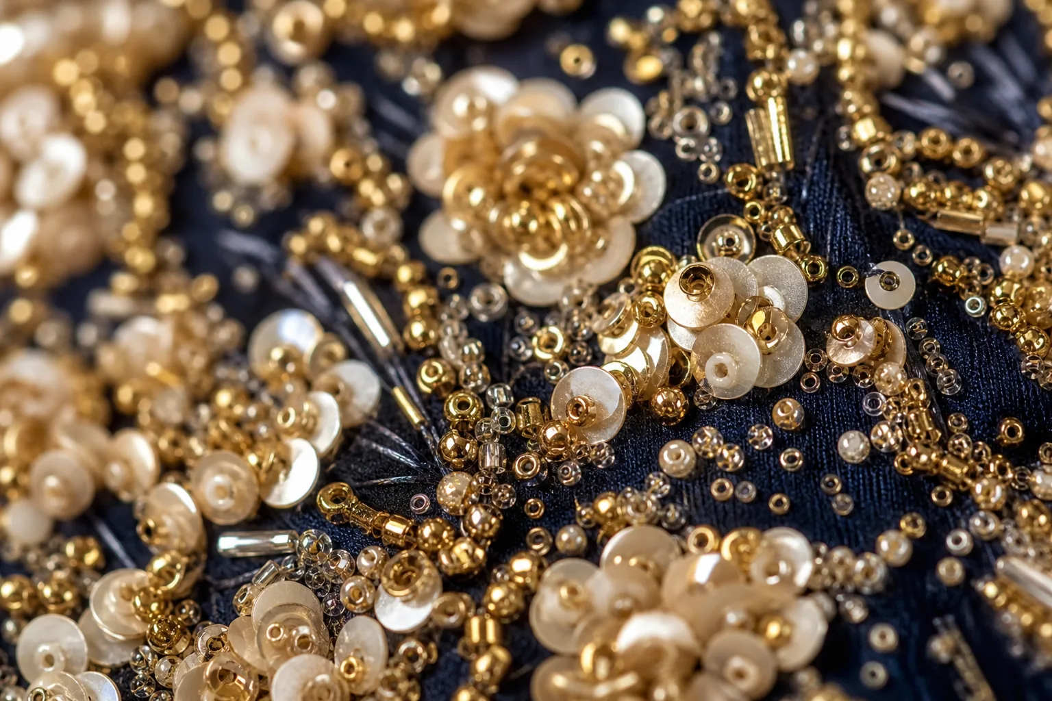 Dense sequin embroidery on navy silk
