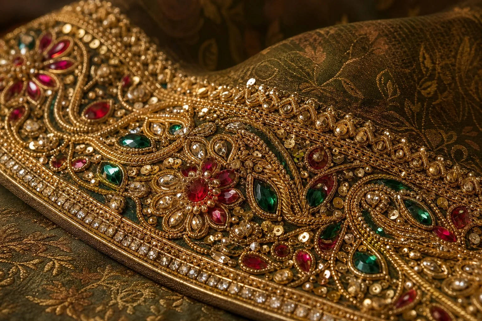 Zari, sequin, bead, stone and crystal embellishment detail