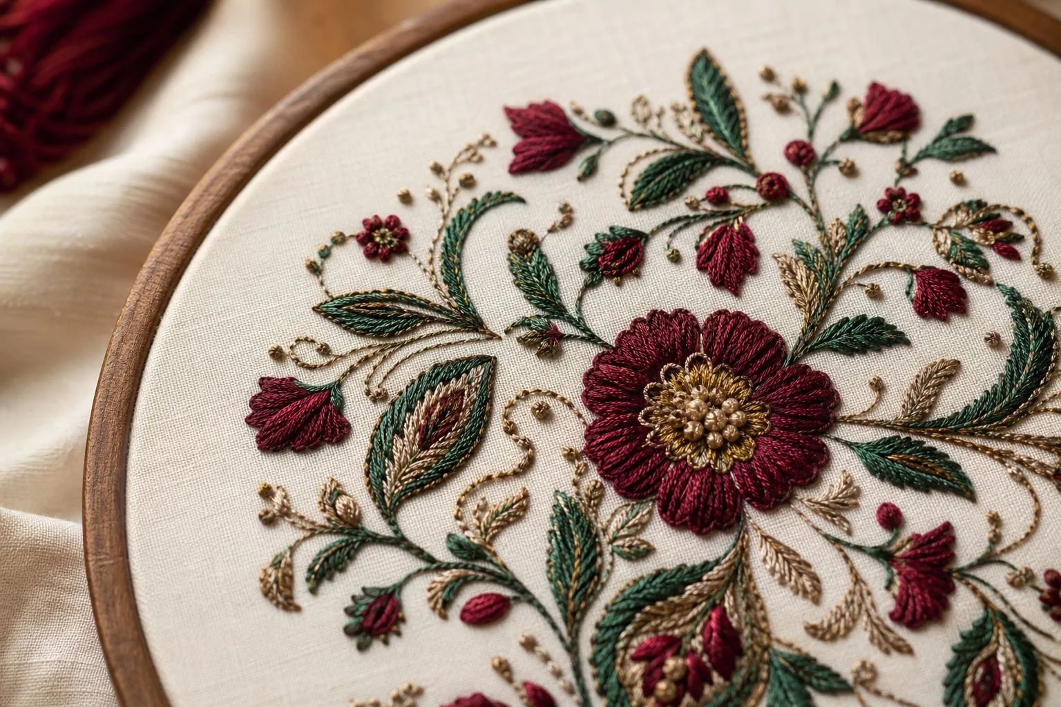Hand embroidery in progress on a frame