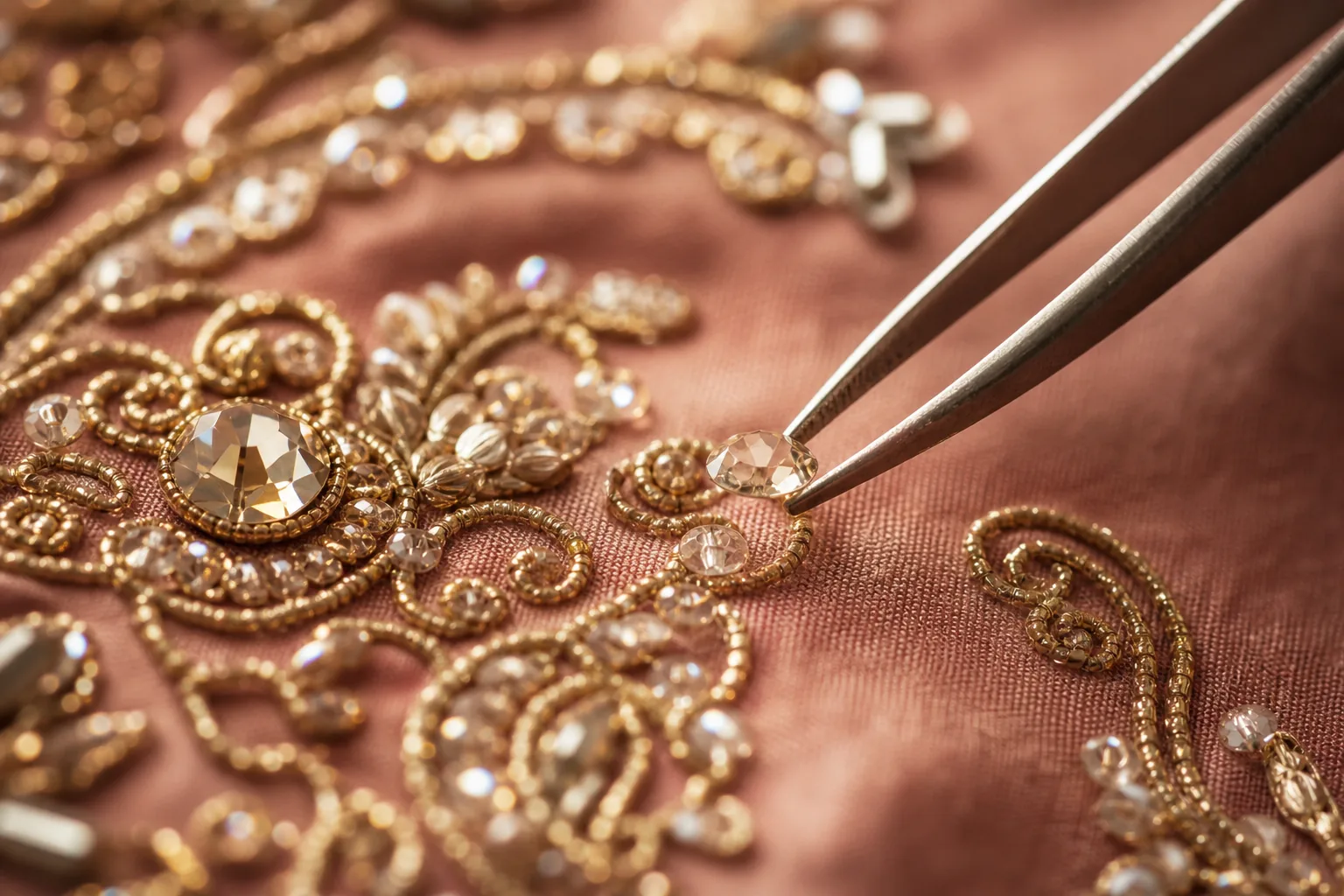 Crystal and stone setting by hand on embroidered dusty rose silk