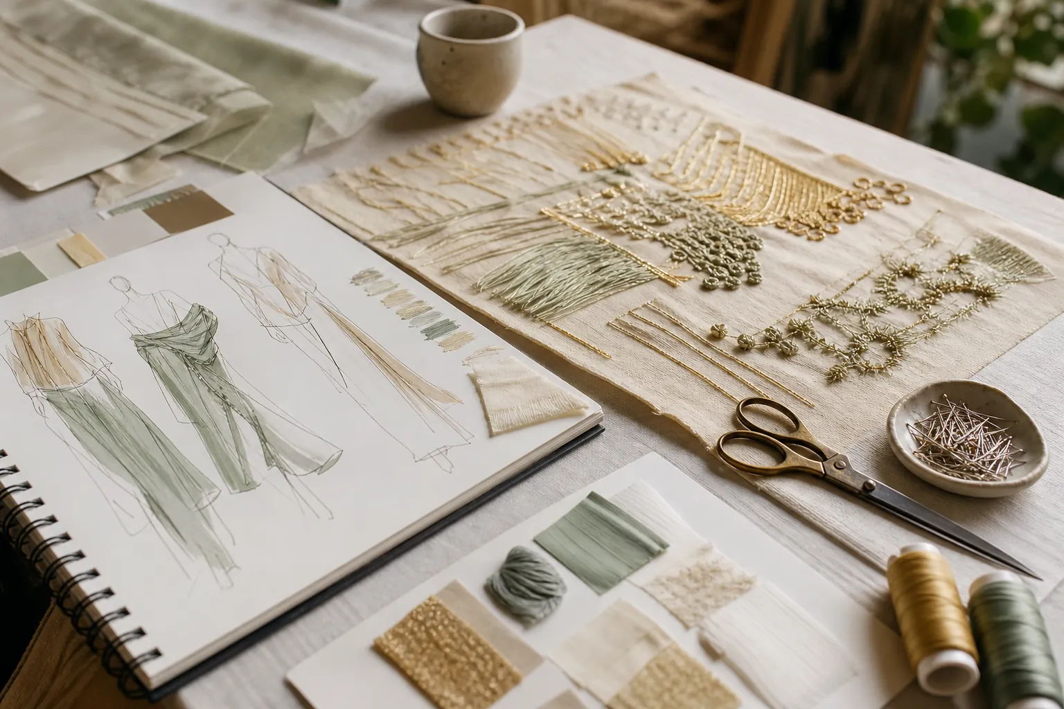 Fashion student collection work table with embroidery samples