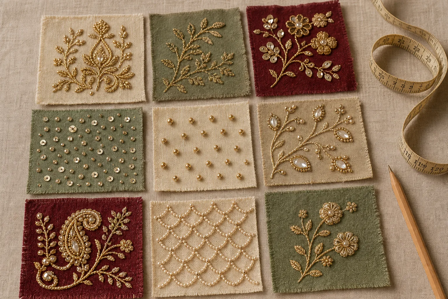 Embroidery technique sample swatches for approval