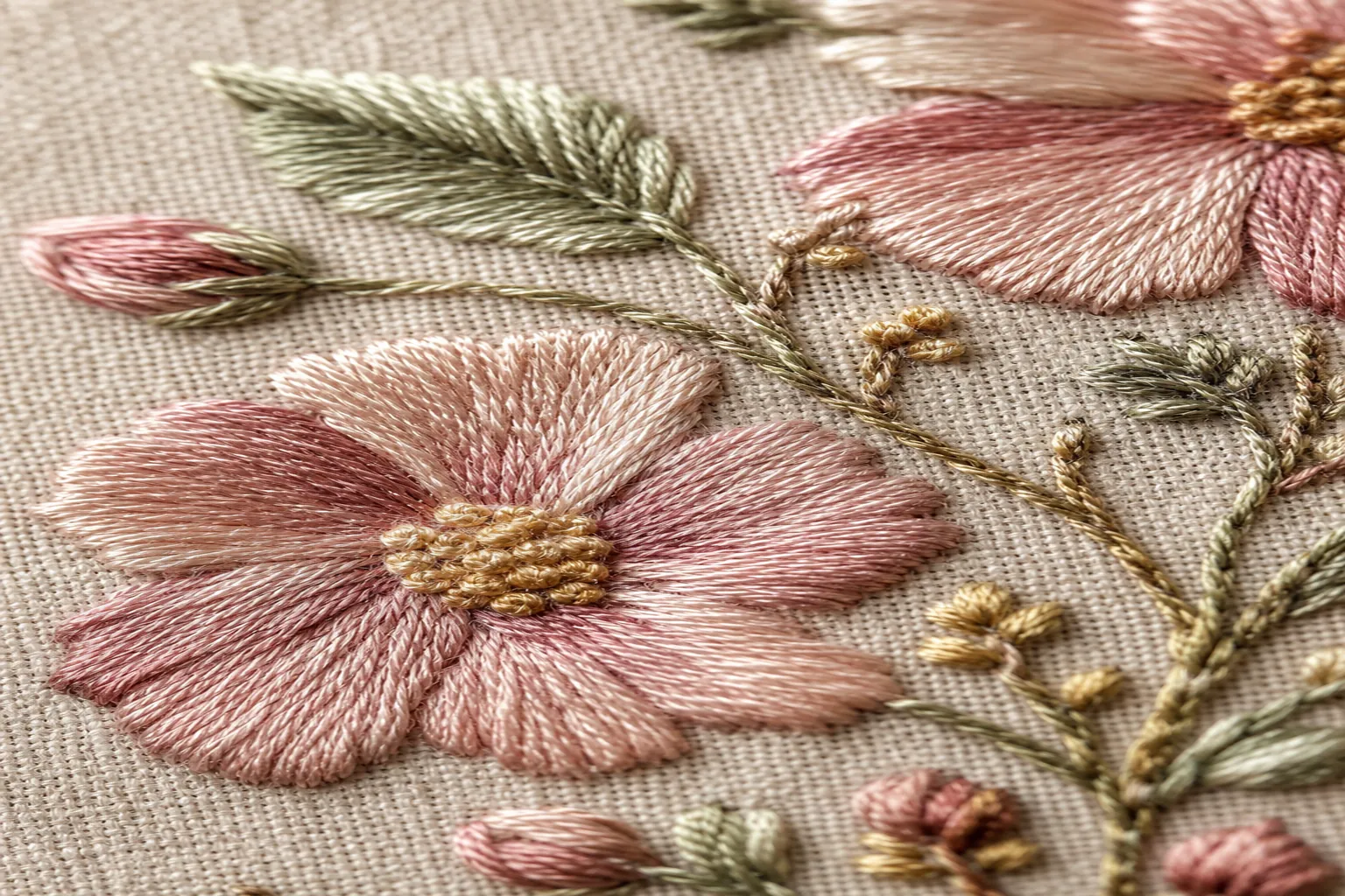 Fine silk satin stitch botanical embroidery on natural linen
