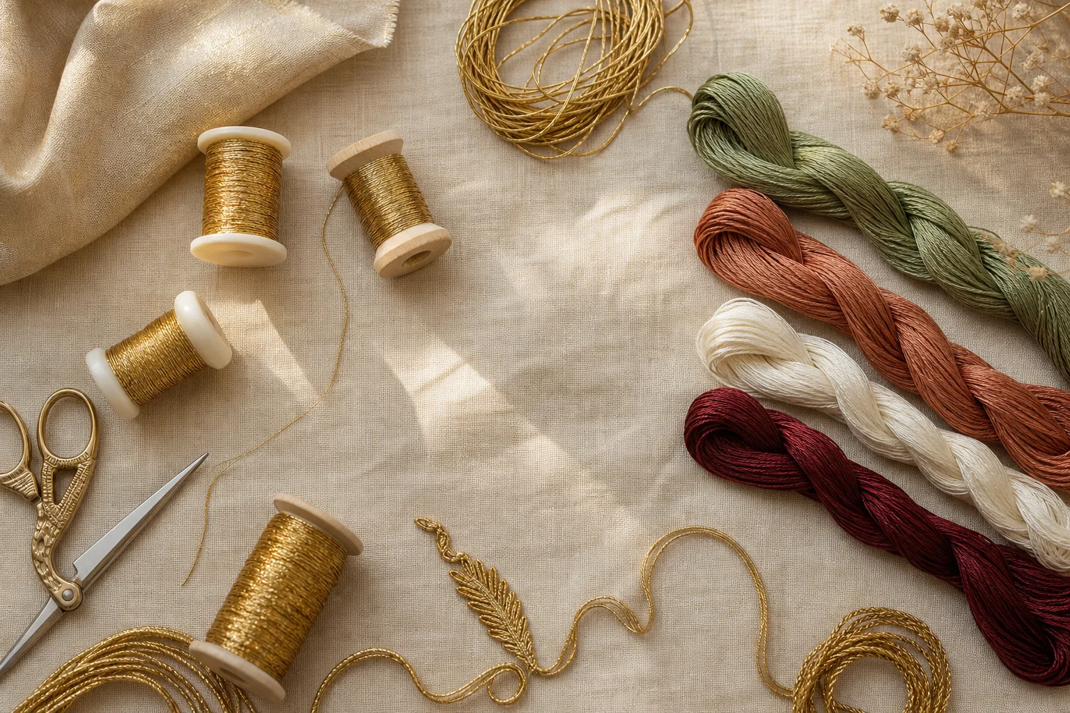 Zari and silk embroidery threads in gold, sage, clay and maroon