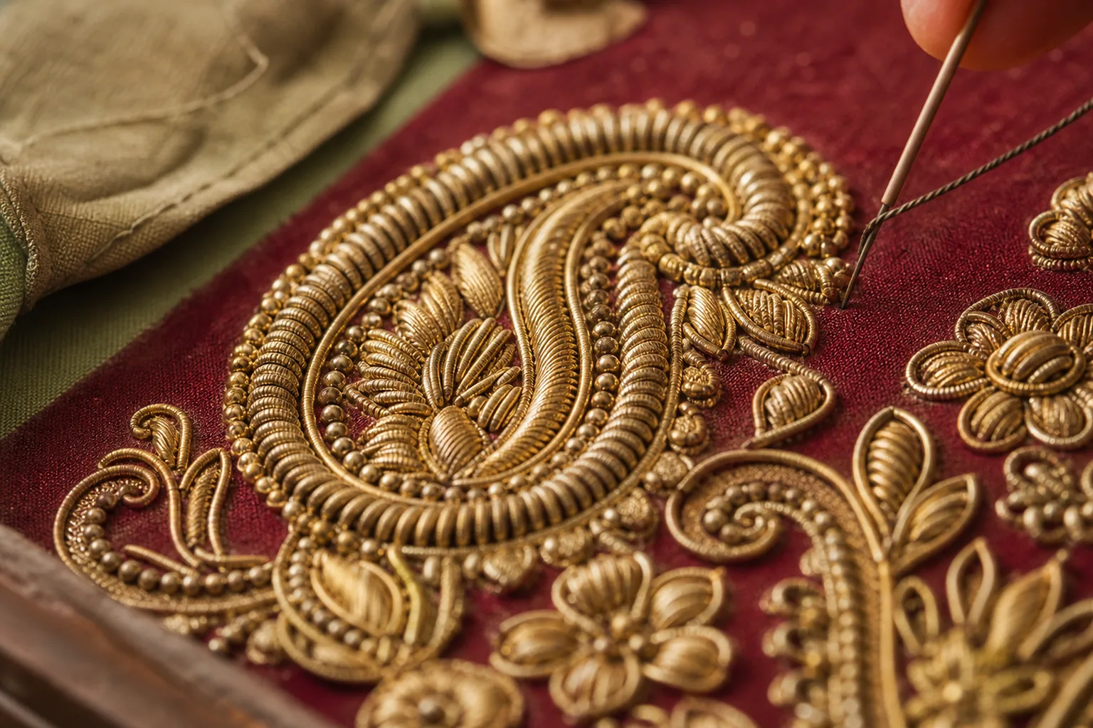 Zardozi embroidery in raised gold metal thread