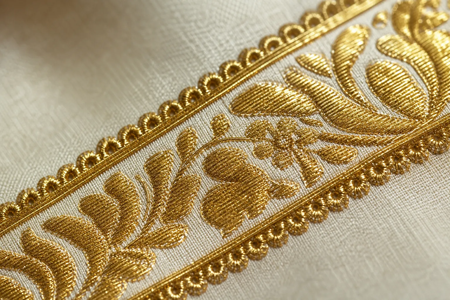 Flat couched zari metallic thread border on ivory silk